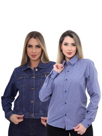 KIT Feminino 2 pecas Jaqueta Cropped Jeans Escura e Camisa Social Tipo Linho Azul Cobalto Pthirillo Jaqueta Feminina Magazine Luiza
