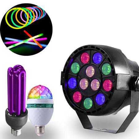 Imagem de Kit festa - canhão refletor pulseira neon luz negra lampada giratoria rgb