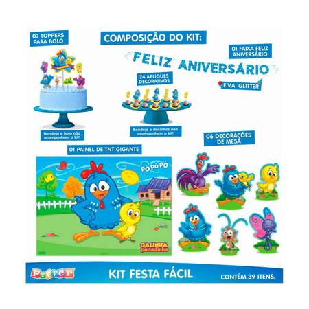 Topo de Bolo Azul Feliz Aniversário com Glitter - Piffer - Topo de