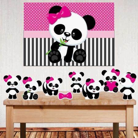 Imagem de Kit festa Panda Rosa com displays de mesa e painel decorativo