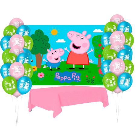 Imagem de Kit festa Peppa Pig Decora Painel +Toalha Plástica+ 25 Balão