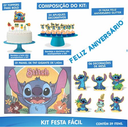 Imagem de Kit Festa Stitch 39 Itens Painel + Faixa + Enfeites + Topo de Bolo