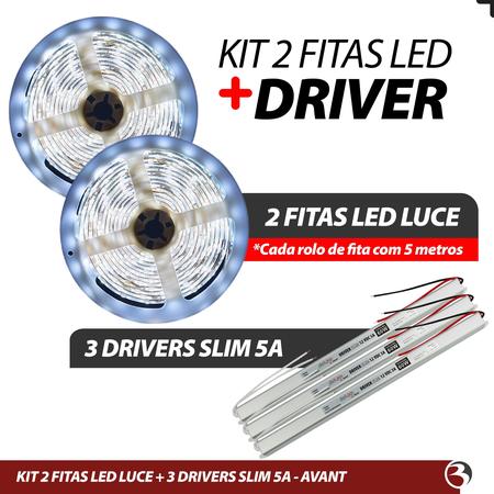 Imagem de Kit Fita Led 10m 15w Branco-Frio 6500k Luz Interna Led Continuo + 3 Driver Slim 5A Bivolt LUCE AVANT