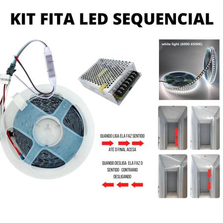 Imagem de KIT Fita LED 3528 120 LEDs 5 Metros Sequencial 24V Branco Frio 6500K + Fonte 5A