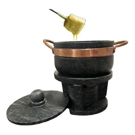 Imagem de Kit fondue de pedra sabao chapa 37 cm + panelas de 500 e 800 ml + 6 cumbucas + 6 garfinhos