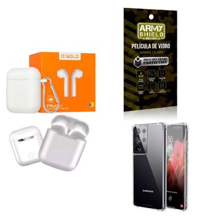 Kit Fone Sem fio + Capinha Samsung S21 Ultra + Película 3D - AGold Imagem de Kit Fone Sem fio + Capinha Samsung S21 Ultra + Película 3D