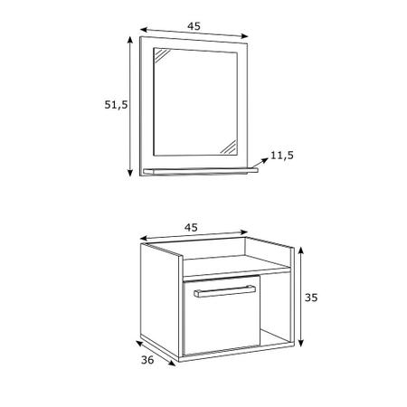 Imagem de Kit Gabinete para Banheiro Suspenso 45cm sem Cuba e com Espelheira Estilare Móveis