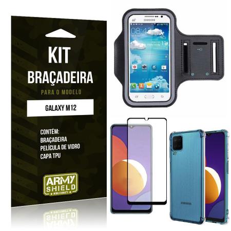 Imagem de Kit Galaxy M12 Braçadeira + Capinha Anti Impacto + Película de Vidro 3D - Armyshield