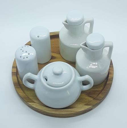 Imagem de Kit Galheteiro 6 peças Azeite, Vinagre, Sal, Paliteiro e Açúcar - Porcelana