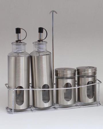 Imagem de Kit Galheteiro e Porta Tempero Condimento Aço Inox e Vidro 2 Potes + Suporte