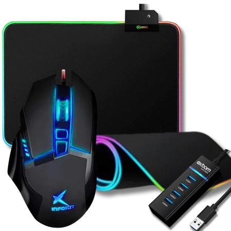 Imagem de Kit Gamer Mouse 2400 dpi Mouse PAD LED RGB HUB USB 4 Portas