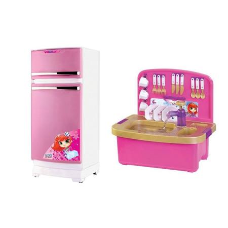 Imagem de Kit geladeira rosa + pia magica infantil sai agua cozinha