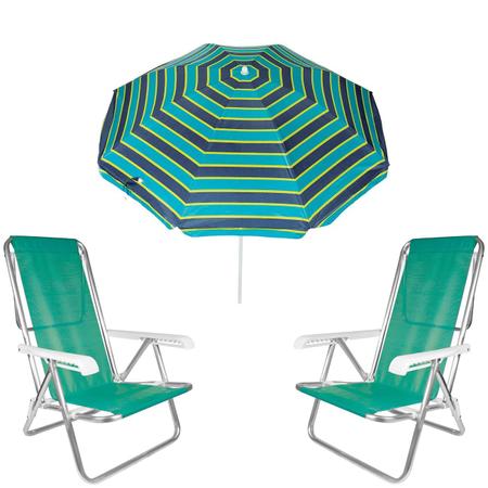 Kit Guarda Sol 1,8m Ipanema Verde Cadeira 8 Posições Alumínio Sannet Praia Piscina Camping - Tobee Imagem de Kit Guarda Sol 1,8m Ipanema Verde Cadeira 8 Posições Alumínio Sannet Praia Piscina Camping - Tobee
