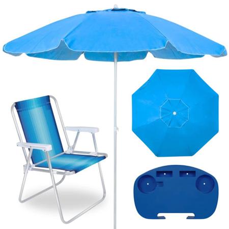 Imagem de Kit Guarda Sol Azul Bahia 2 M Bagum + Cadeira de Praia Aluminio + Mesa Porta Copos