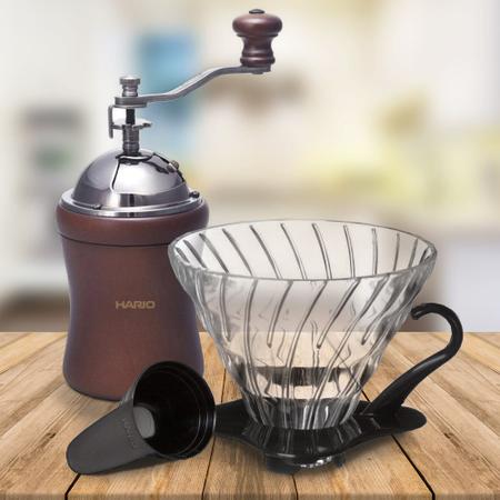 Imagem de Kit Hario V60-02 Coador Preto de Vidro e Moedor Manual Dome 35g