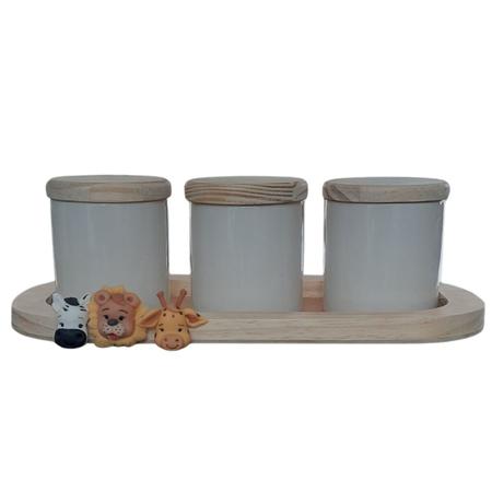 Imagem de Kit higiene bebê 4 peças Safari - Bandeja e potes - Peças porcelana bandeja e tampas pinus