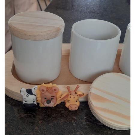 Imagem de Kit higiene bebê 4 peças Safari - Bandeja e potes - Peças porcelana bandeja e tampas pinus