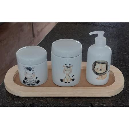 Imagem de Kit higiene bebê 4 peças Safari - Bandeja, potes e porta álcool - Peças porcelana bandeja pinus