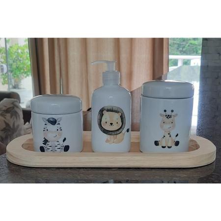 Imagem de Kit higiene bebê 4 peças Safari - Bandeja, potes e porta álcool - Peças porcelana bandeja pinus