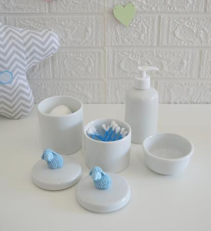 Imagem de Kit Higiene Bebê K016 Porcelana Azul Banho Cuidado Quarto Menino Decoração