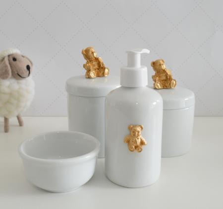 Imagem de Kit Higiene Bebê K016 Porcelana Dourado Banho Cuidado Quarto Menina Menino