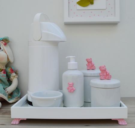 Imagem de Kit Higiene Bebe K030 Completo Infantil Rosa Moderno Porcelanas Bandeja Menina Térmica 500 ml Gel