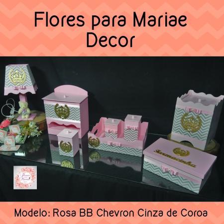 Imagem de Kit Higiene bebê Mdf menina 8 peças - ROSA BB CHEVRON CINZA DE COROA