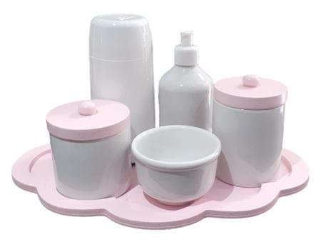 Imagem de Kit Higiene Bebê porcelana bandeja nuvem tama rosa menina maternidade garrafa térmica