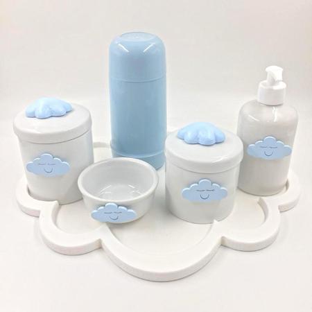 Imagem de Kit Higiene Bebê Porcelana Tema Nuvem Bandeja Mdf Garrafa Azul 6pçs