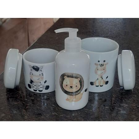 Imagem de Kit higiene bebê Safari 3 peças - potes e porta álcool - Peças Porcelana