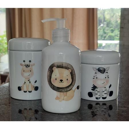 Imagem de Kit higiene bebê Safari 3 peças - potes e porta álcool - Peças Porcelana