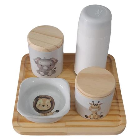 Imagem de Kit higiene bebê Safari 5 Pçs - Peças porcelana e Pinus