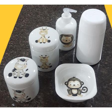 Imagem de Kit higiene bebê Safari 5 peças - potes, porta álcool, garrafa térmica e molhadeira - Peças Porcelana