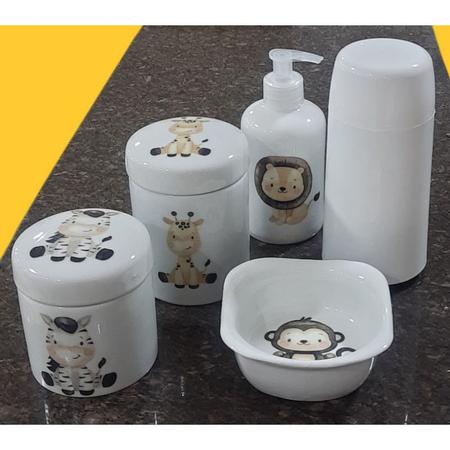 Imagem de Kit higiene bebê Safari 5 peças - potes, porta álcool, garrafa térmica e molhadeira - Peças Porcelana