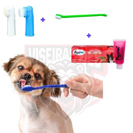 Imagem de Kit Higiene Dental Pet - Pasta de Dente 60g + Escova  Dente Longa + 2 Escova Dedeira para Caes/Gatos