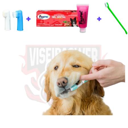 Imagem de Kit Higiene Dental Pet - Pasta de Dente 60g + Escova  Dente Longa + 2 Escova Dedeira para Caes/Gatos