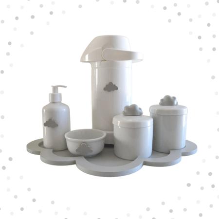 Imagem de Kit Higiene Porcelana Bebê K044 Bandeja Nuvem Moderno Sabonete Térmica 500ml Cotonete Algodão