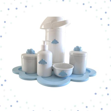 Imagem de Kit Higiene Porcelana Bebê K044 Bandeja Nuvem Moderno Sabonete Térmica 500ml Cotonete Algodão