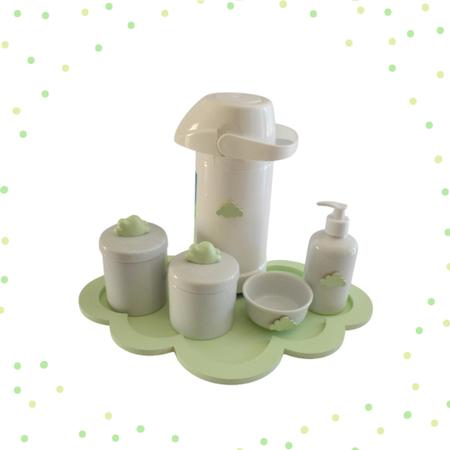 Imagem de Kit Higiene Porcelana Bebê K044 Bandeja Nuvem Moderno Sabonete Térmica 500ml Cotonete Algodão