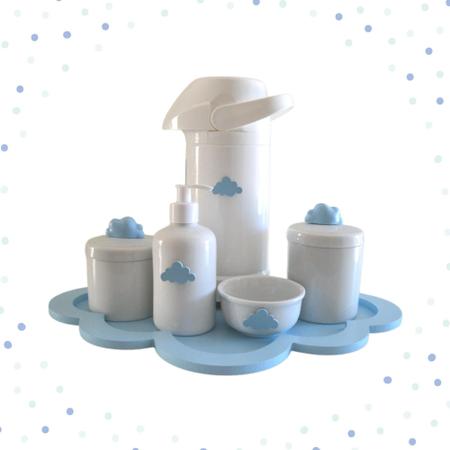 Imagem de Kit Higiene Porcelana Bebê K044 Bandeja Nuvem Moderno Sabonete Térmica 500ml Cotonete Algodão