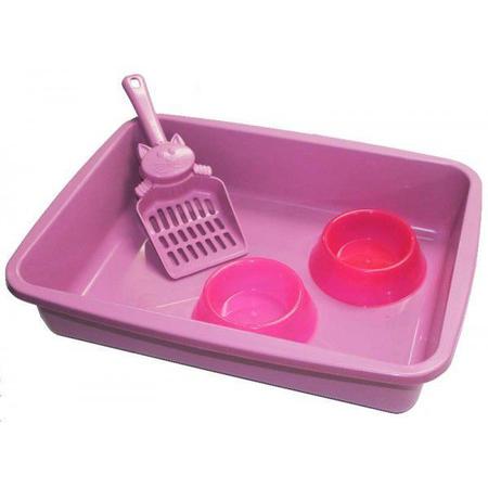 Imagem de Kit higienico para gatos mr pet (bandeja /pá/ comedouro) rosa