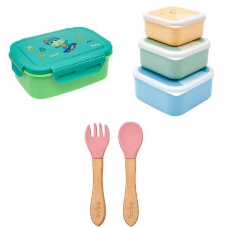 Imagem de Kit Hora do Lanche Bento Box Dino, Potinho Gumy Azul e Talher em Bambu e Silicone Rosa - Buba