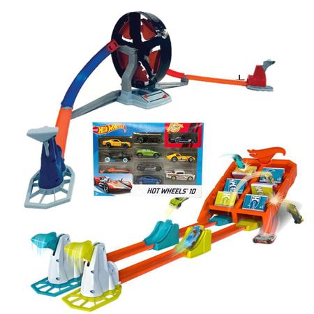 Kit Hot Wheels Com Pista Competiçao De Batidas + Carrinhos Mattel