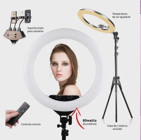 Imagem de Kit Iluminador Ring Light 18 Polegadas 40W com Tripé 2 metros + suporte Celular Youtuber Selfie
