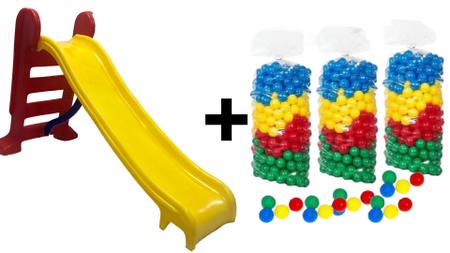Imagem de Kit infantil escorregador médio amarelo c/ vermelho e 1 piscina de bolinhas 2,00x2,00 + 300 bolinhas coloridas