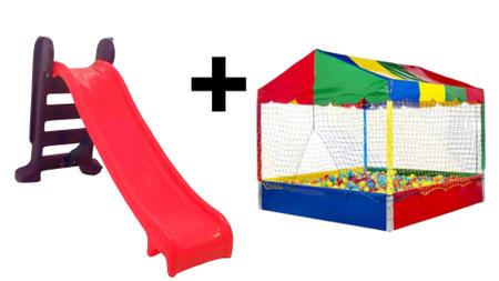 Imagem de Kit infantil escorregador médio rosa c/ roxo 3 degraus super divertido e resistente + 1 piscina de bolinhas 1,00x1,00 (c