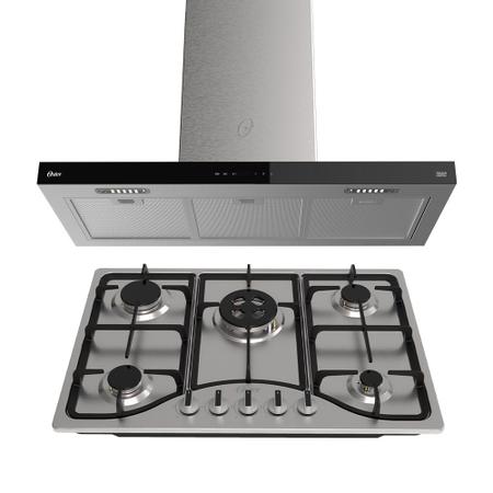 Imagem de Kit Inox Cooktop a Gás 5 Bocas e Coifa de Ilha 90 cm Oster