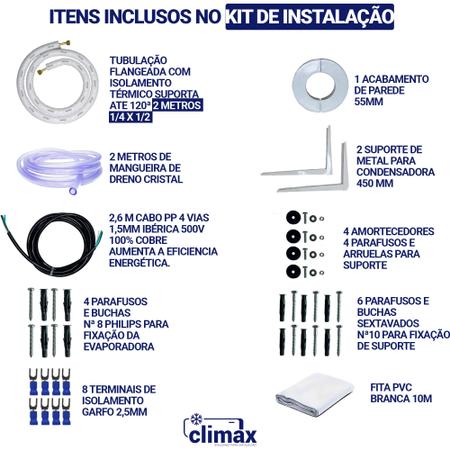 Imagem de Kit Instalação Completo Ar Condicionado De 12000 a 18000 Btus 1/4 x 1/2 2 Metros Com Suporte 450mm