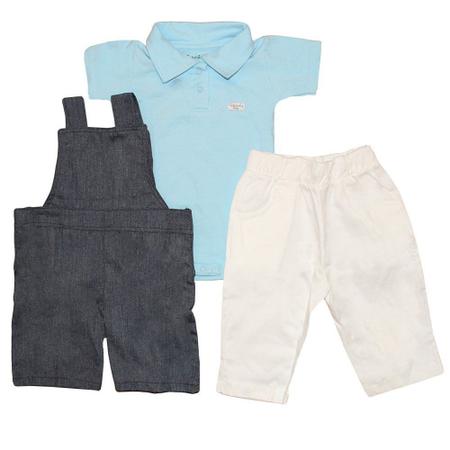 Imagem de Kit Jardineira de Bebê, Body Azul e Calça Branca