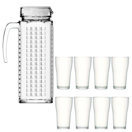 Imagem de Kit Jarra de Vidro ladrilhos branca 1,2L e 8 copos de vidro